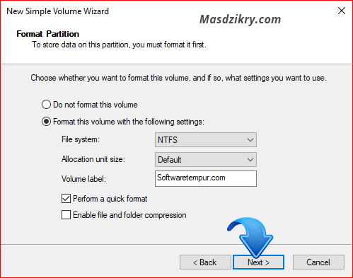 New simple volume wizard format partition