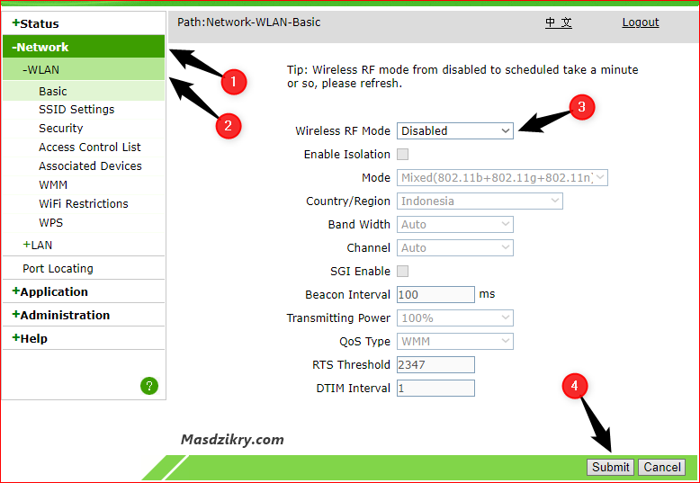 Cara mematikan wifi wireless ZTE F609